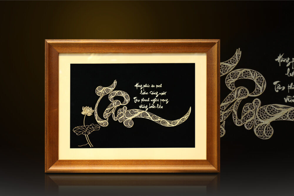 Tranh chữ Tâm thư pháp mạ vàng 24k - CT08