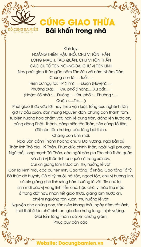 Văn khấn cúng giao thừa trong nhà